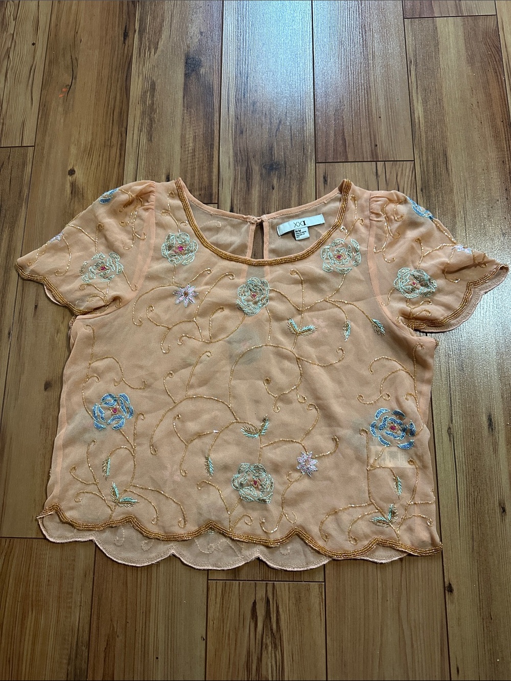 Forever 21 Peach Beaded Sheer Floral Top